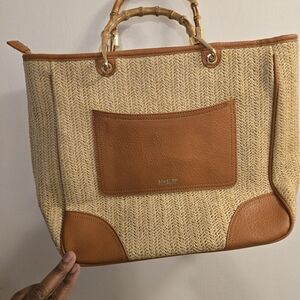 Sam & Libby Woven Straw Tote Tan and Brown Women's Bag with Bamboo-Style Handle